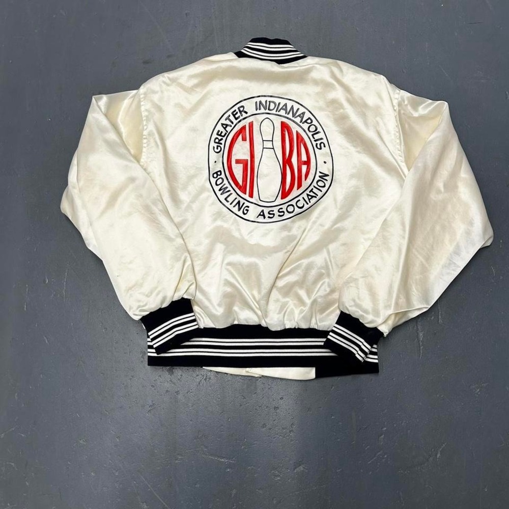 Vintage 80s white with navy blue piping white bowling satin bomber jacket